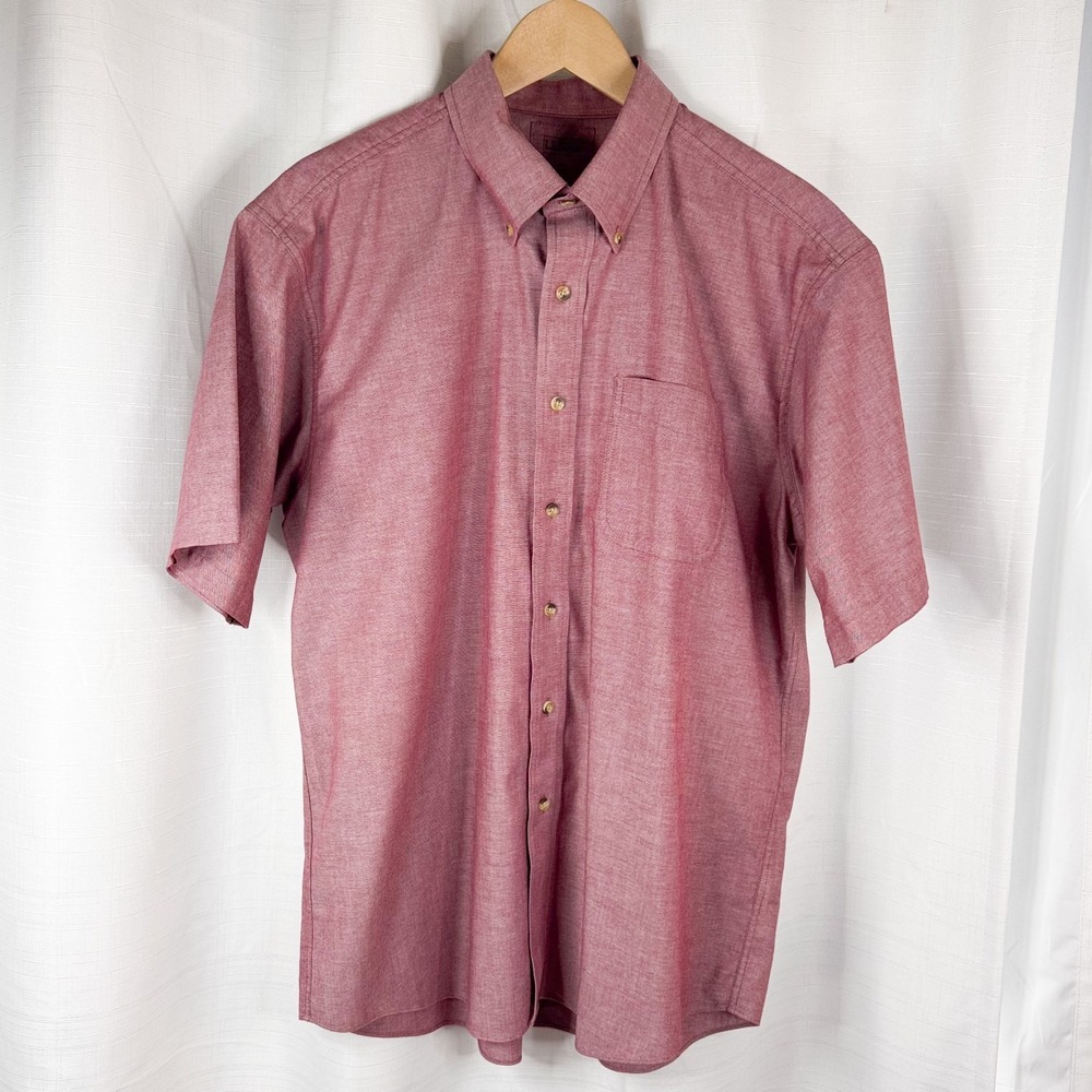 L.L. Bean Mens Large Short Sleeve Button Down Shirt Red Cotton Oxford Casual EUC